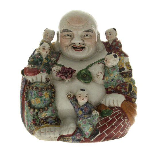 Buddha and Children Chinese Porcelain Figurine.