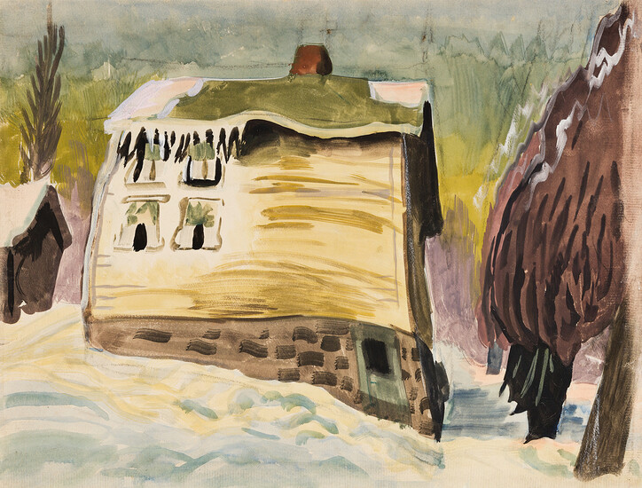 CHARLES BURCHFIELD Frozen House in Winter. Watercolor and gouache on paper mounted on...