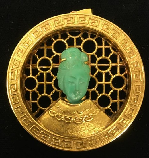 CHINESE 14K GOLD & TURQUOISE PENDANT / BROOCH