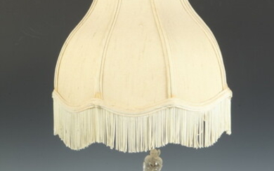 CHINESE COLORLESS PEKING GLASS FIGURAL TABLE LAMP ON BASE; FRINGED...