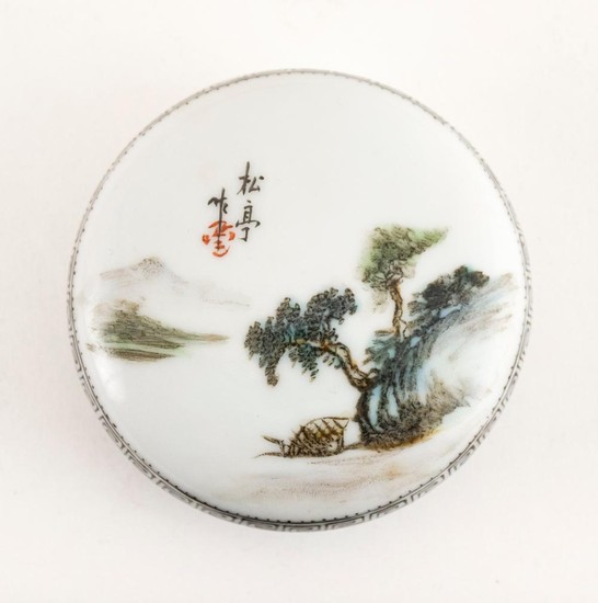 CHINESE FAMILLE VERTE PORCELAIN SEAL PASTE BOX Top decorated with a pavilion at the base of a cliff, with calligraphy at upper left....