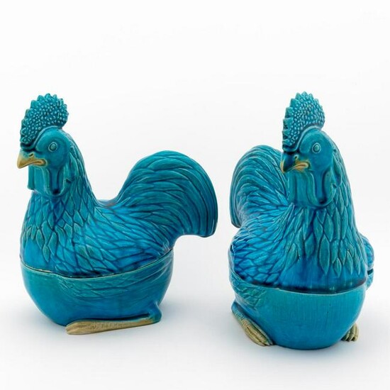 CHINESE, PAIR LARGE TURQUOISE ROOSTER TUREENS