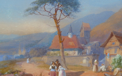 CONTINENTAL SCHOOL (19TH CENTURY), MOUNTAIN AND LAKE SCENE WITH FIGURES IN THE FOREGROUND