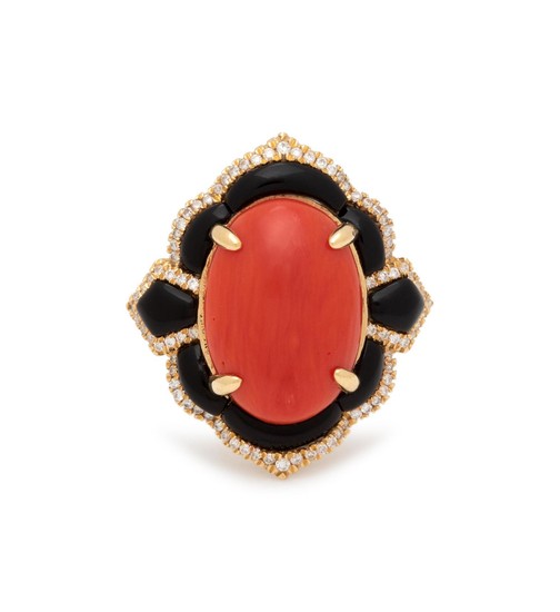 CORAL, ONYX AND DIAMOND RING