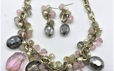COSTUME Necklace Large Pink and Smokey Topaz Stones