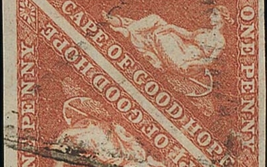 Cape of Good Hope 1853 1d. brick-red on slightly blued paper, a used pair with good to large m...