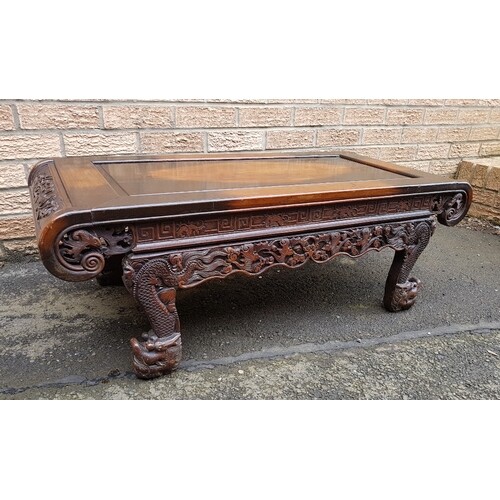 Carved Chinese Wooden Table decorated with dragons and bats,...