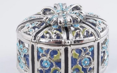 Cerulean Elegance: Silver Box with Blue Flowers