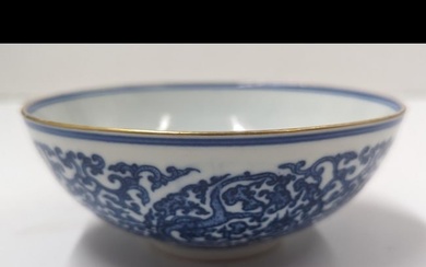 Chinese Blue And White Dragon Porcelain Bowl With Gold Accents And Double Ring Six Character Mark