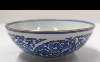 Chinese Blue And White Dragon Porcelain Bowl With Gold Accents...