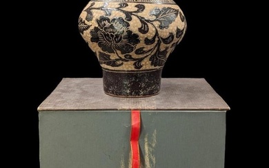 Chinese Chizou Style Ceramic Vase With Floral Design And Case
