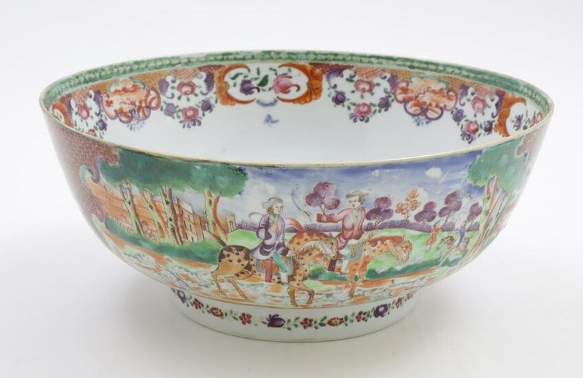 Chinese Export "Mandarin Palette" Hunting Punch Bowl, Qianlong Period (1736-1795)