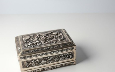 Chinese Export Sterling Silver Repousse Footed Box Early 20th Century