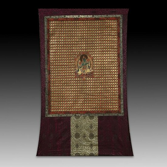 Chinese Qing Dynasty painted brocade mounts silk Thangk