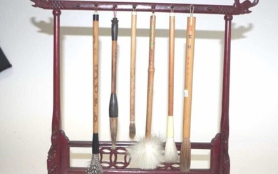 Chinese carved calligraphy brush stand & brushes