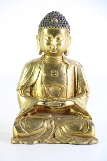 Chinese gilt bronze figure of buddha Shakyamuni seated on lotus pedestal, mark to back, H19cm