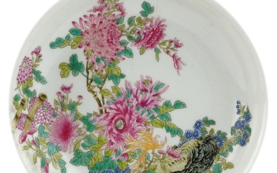 Chinese porcelain shallow dish hand painted in the famille r...