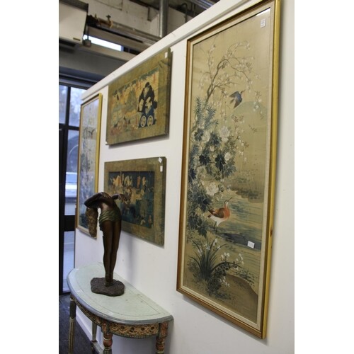 Chinese school, paintings on silk depicting birds amongst pr...