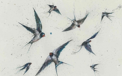 Clare Brownlow (British, B.1983) "Flying Swallows", pheasant feathers & ink, signed to lower