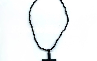 Classic Glossy Black Glass Beads and Cross Pendant Necklace