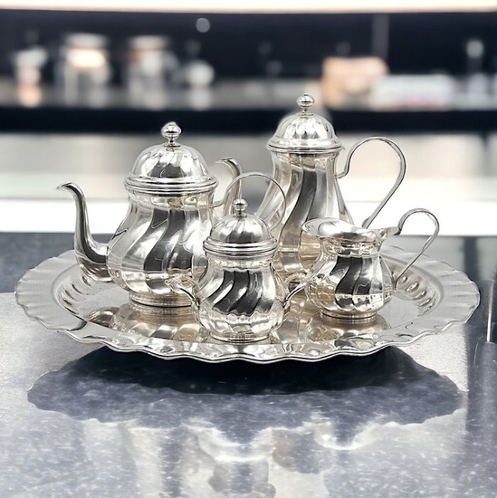Coffee and tea service (5) - "UK's Tea Time" Cesellato e Sbalzato a Torchon - Vintage 1960s - Silver Plated