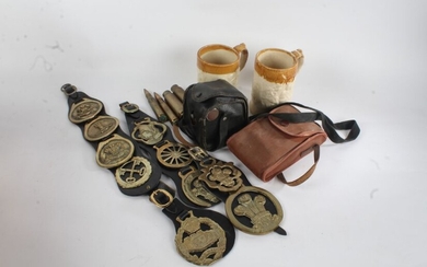Collection of horse brasses, two pottery tankards, an Ensign Ful-Vue camera, Kodak camera, a