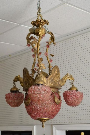Continental antique ruby glass and brass hanging light