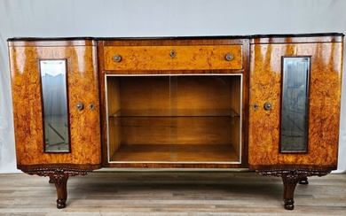 Credenza - Chippendale sideboard with marble top - Brass, Burrwood, Glass, Marble, Wood
