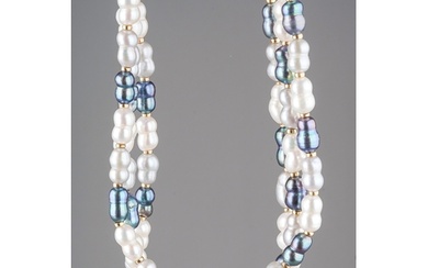 Cultured Pearl Necklace with clasp marked 14K. Twin pearls i...