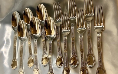 Cutlery set, French silver soup six spoons and six table forks set(12) - .950 silver - GD - France - mid 20th century