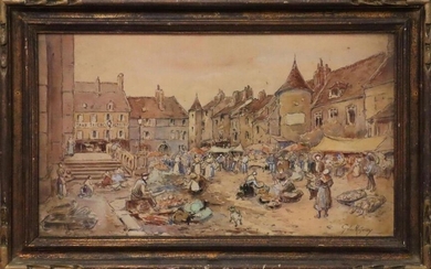 DE MESMAY Gabriel « La place du marché » dessin aquarellé signé en bas à droite - 28x47