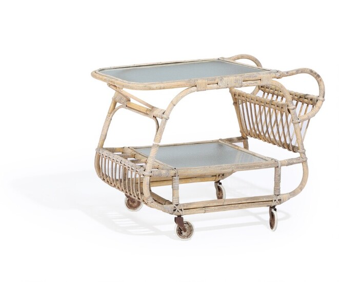 NOT SOLD. Danish furniture design: A bamboo and rattan serving cart, underlying shelf and top...