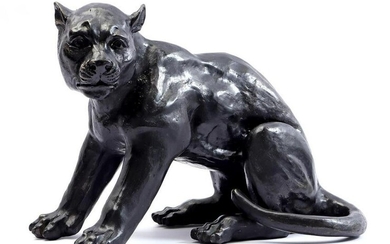 Dark patinated bronze statue of a black panther