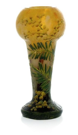 Daum, a pate de verre enamelled glass mimosa vase