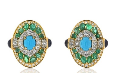 David Webb Platinum & 18K Yellow Gold Turquoise emerald And Diamond Clip Earrings