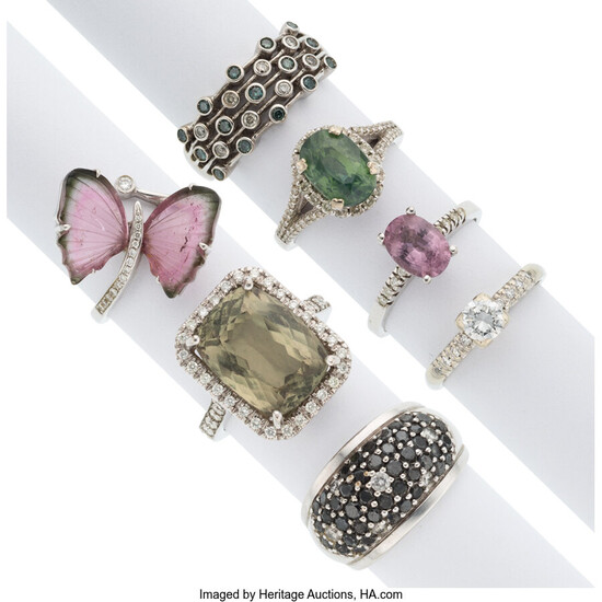 Diamond, Colored-Diamond, Multi-Stone, White Gold Rings The lot includes...