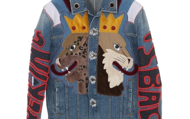 Dolce & Gabbana: A blue denim jacket with silver buttons, two pockets, text on the back and on the sleeves and lion embroidery. Size 48 (IT)