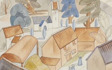 Doris Brabham Hatt, British 1890–1969 - Townscape, 1964; watercolour and pencil on paper, signed with monogram and dated lower left 'DH 63', 22.2 x 26 cm: together with another watercolour and pencil on paper by the same artist, 'Three figures at a...