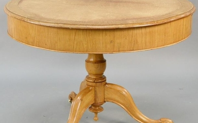 Drum table with leather top. ht. 29 1/2 in., dia. 42