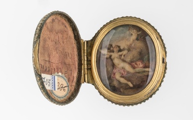 ECOLE FRANCAISE du XVIIIème siècle. Vénus et l'Amour surpris par un satyre. Miniature ovale sur...
