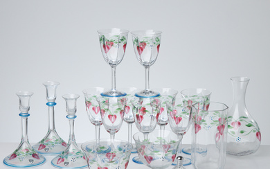 EVA ENGLUND. Glass tableware, ca 17 dlr, “Maja”, painted decor, partly labelled, Orrefors.