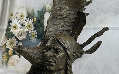 Eagle & Native American Chief Bust Bronze Sculpture- 26" x 25"