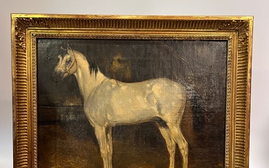 Ecole francaise du XIXeme Cheval blanc dans une écurie Huile sur toile 37 x 47...