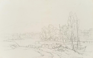 Edmond de Bretenières (1804-1882), Île Rousseau in Geneva on Lake Geneva, Journey to Switzerland, sketchbook, 1835, Pencil drawing
