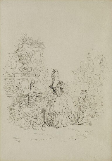 Edmund Thomas Parris, British 1793-1873- Four figures in the gardens of a large house; pen and brown ink and pen and black ink on paper, signed 'E Parris / 1845' (lower left), 36 x 25 cm. Provenance: Private Collection, UK.