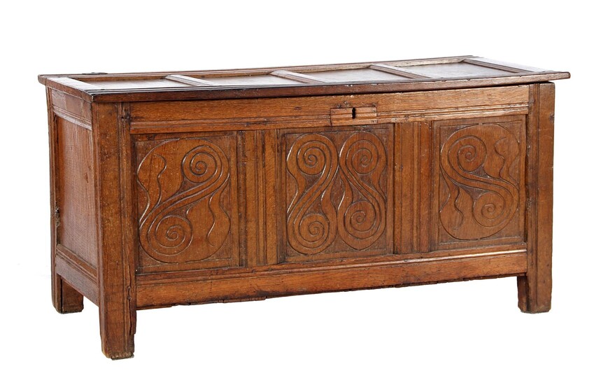 (-), Oak blanket chest with decorated front panels,...
