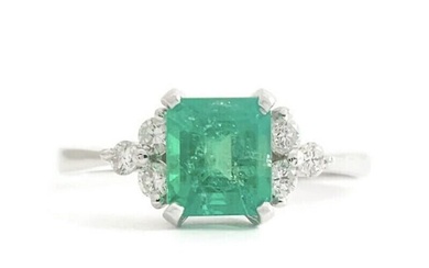 Emerald Cut Green Emerald Diamond Gemstone Ring 14K White Gold 1.08 CTW, 1.96 Gr