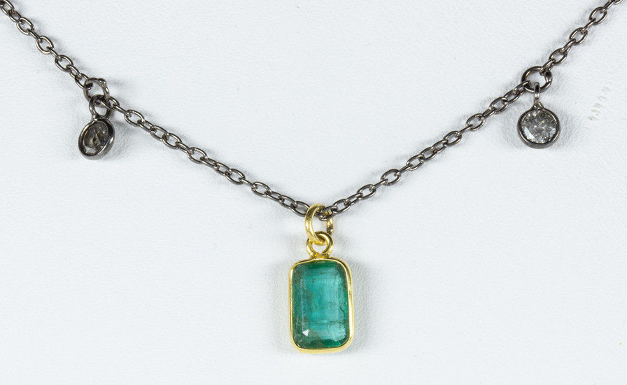 Emerald, diamond, 18k yellow gold, blackened silver necklace