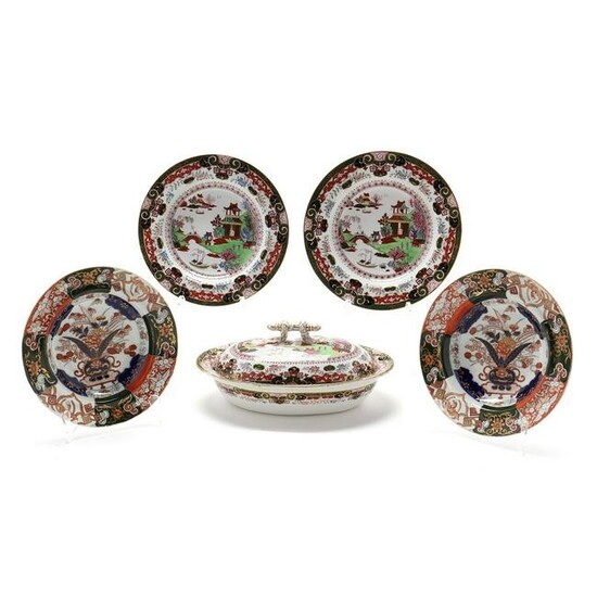 English Ironstone Covered Server and Four Soups