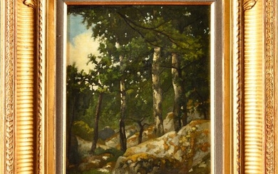 Ernest Auguste LE VILLAIN (1834-1916) Rochers en forêt de Fontainebleau Huile sur toile Signé en...